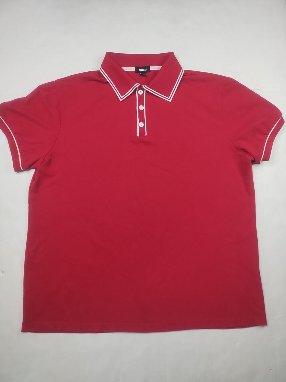 Ouku Men's Size L Short Sleeve Polo Shirt Red White Trim Golf Casual 3 Button